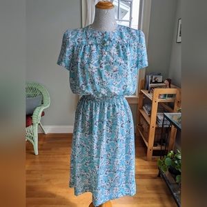 Vintage 1970s Lady Carol Petites Aqua Blue Floral Midi Dress L Retro Boho
